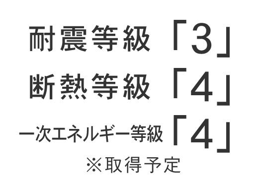 耐震等級「3」断熱等級「4」一次エネルギー消費量等級「4」